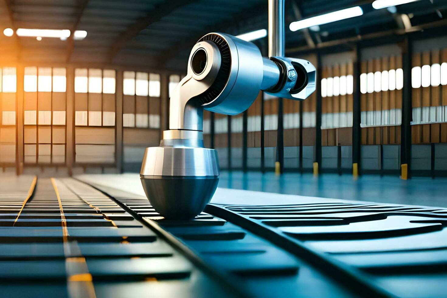 a robot is standing on a metal track in a warehouse. AI-Generated photo
