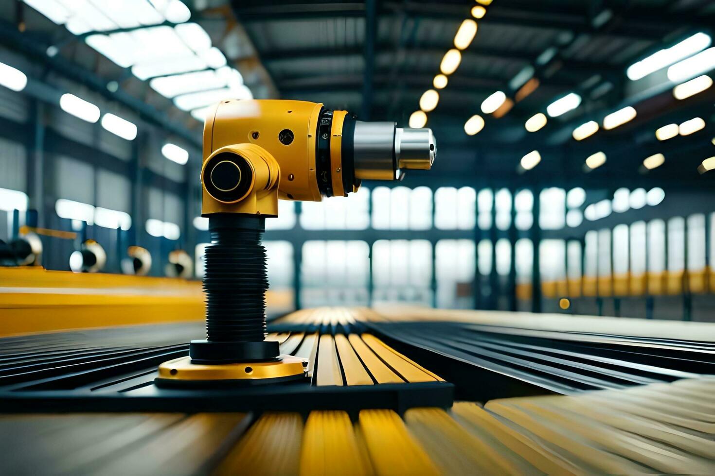 a yellow drill on a conveyor belt in a factory. AI-Generated photo