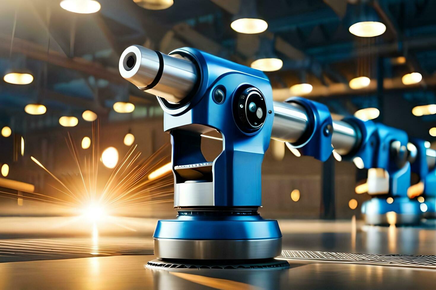a blue industrial machine with a light shining on it. AI-Generated photo