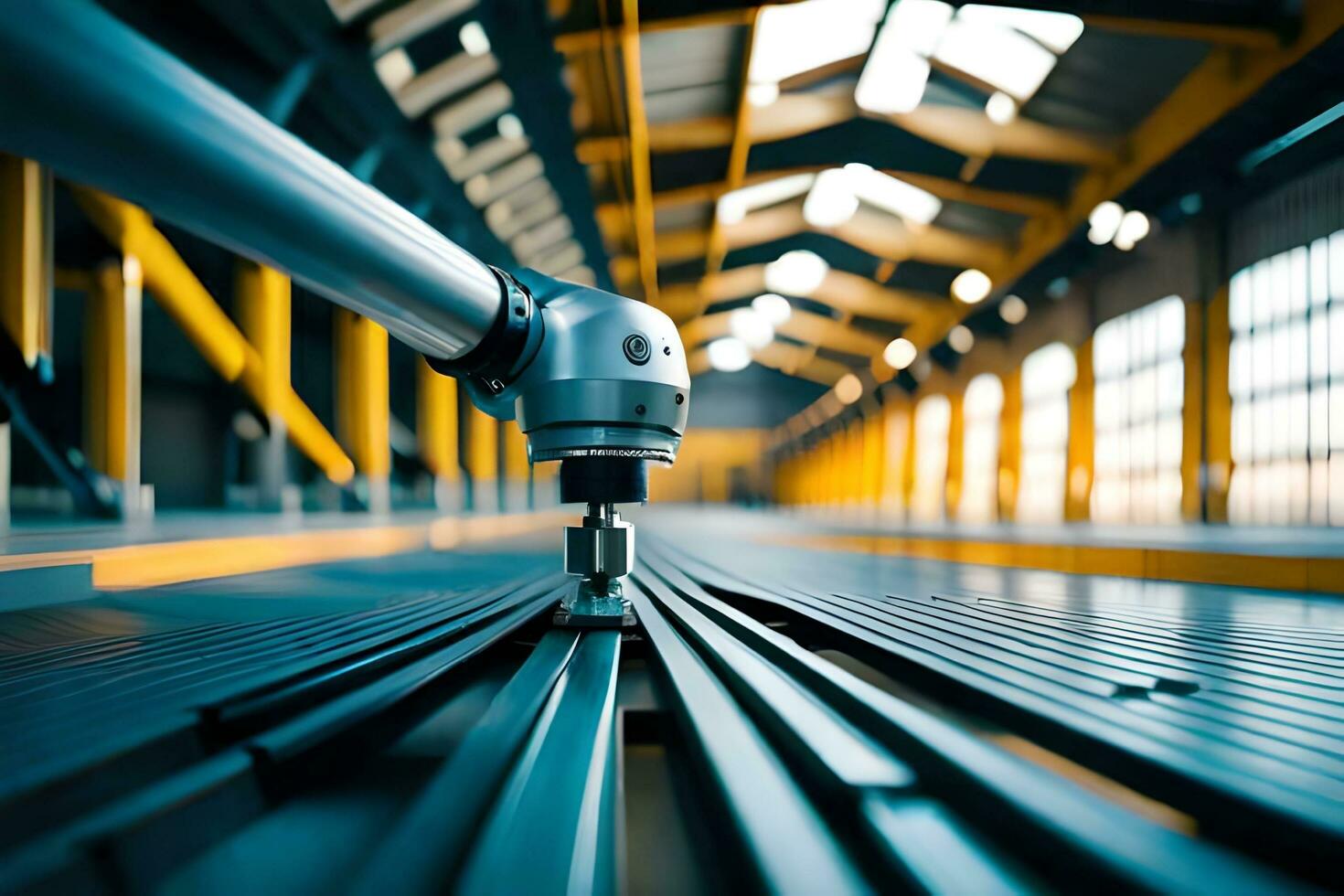 a robot is working on a metal track in a factory. AI-Generated photo