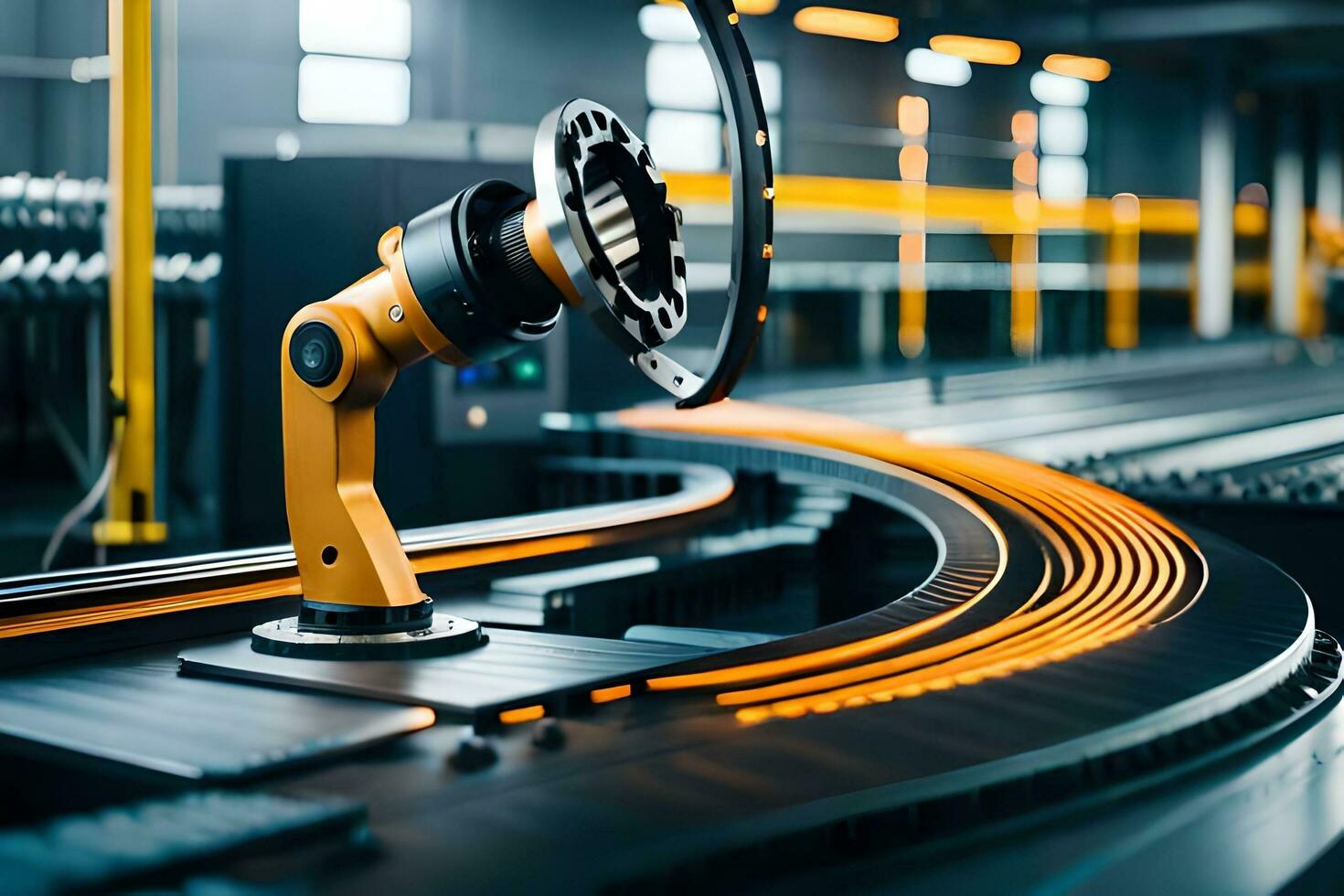 a robotic arm is on a conveyor belt in a factory. AI-Generated photo