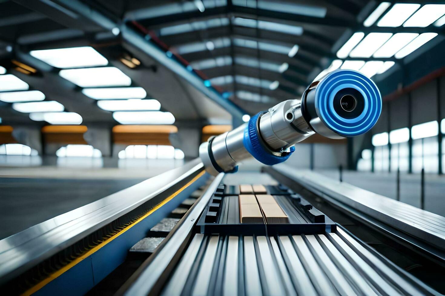 a conveyor belt with a blue object on it. AI-Generated photo