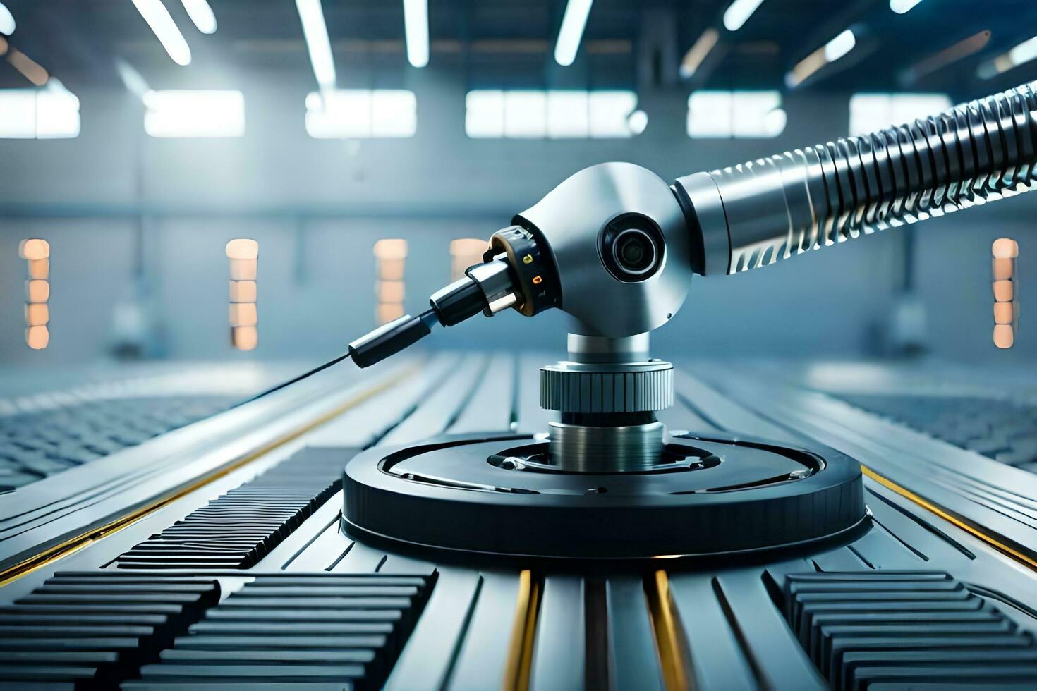 a robotic arm is sitting on a table in a factory. AI-Generated photo