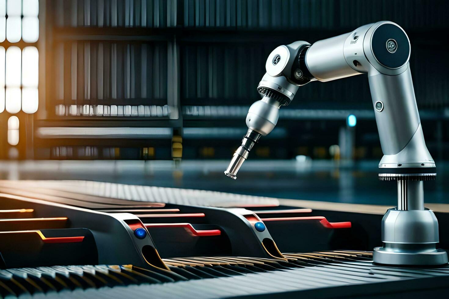 a robotic arm is sitting on a table with a computer. AI-Generated photo