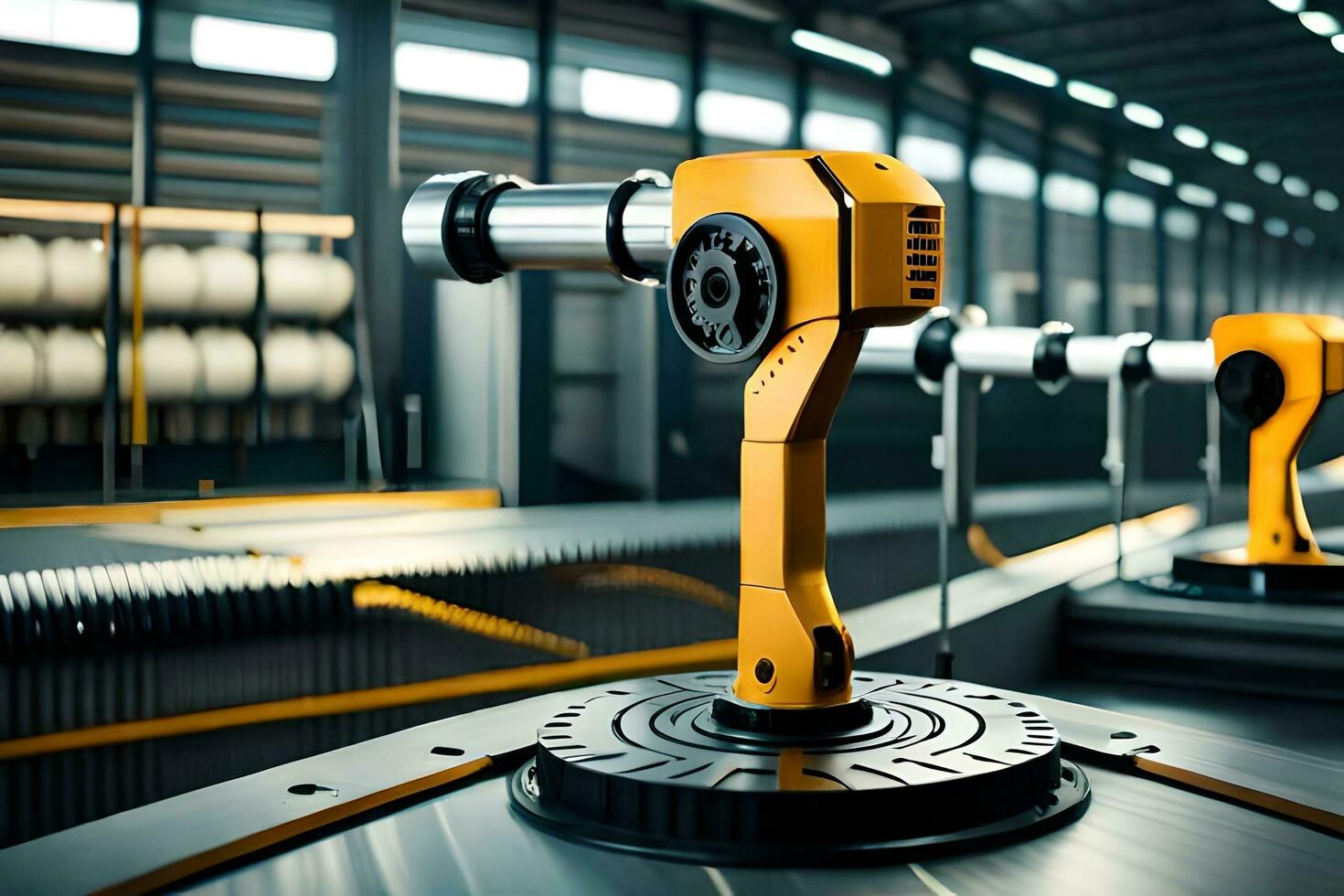 a robotic arm is sitting on a conveyor belt. AI-Generated photo