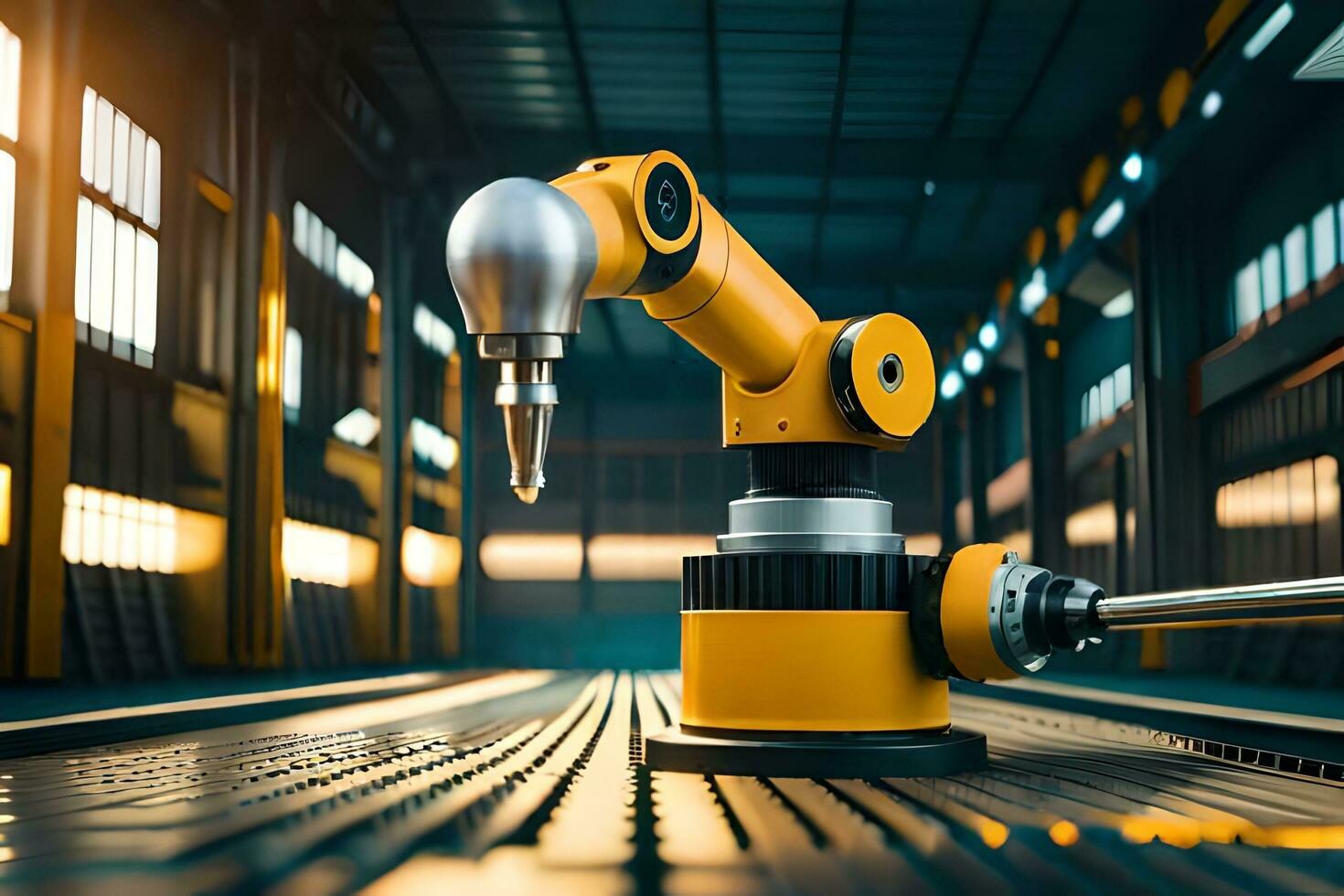 a robotic arm is sitting on a table in a factory. AI-Generated photo