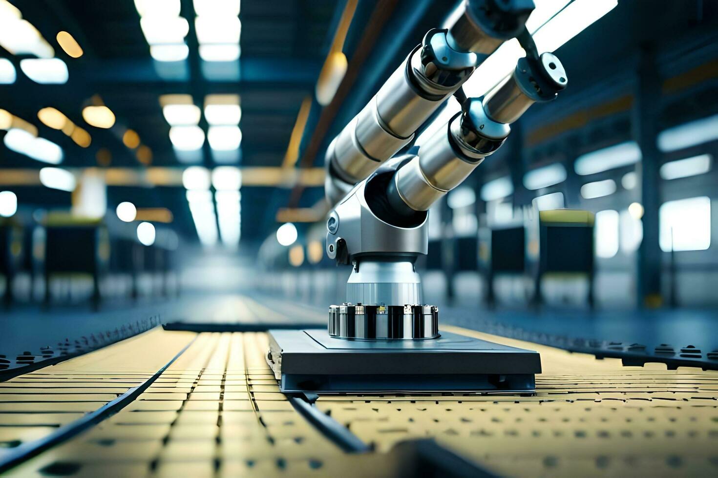 a robotic arm is sitting on a conveyor belt. AI-Generated photo