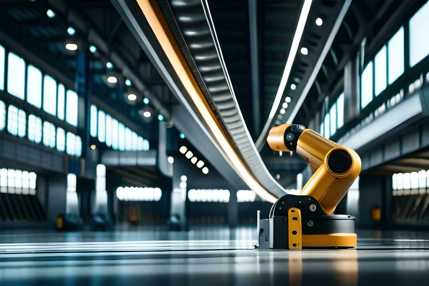 a robotic arm is standing in front of a large warehouse. AI-Generated photo