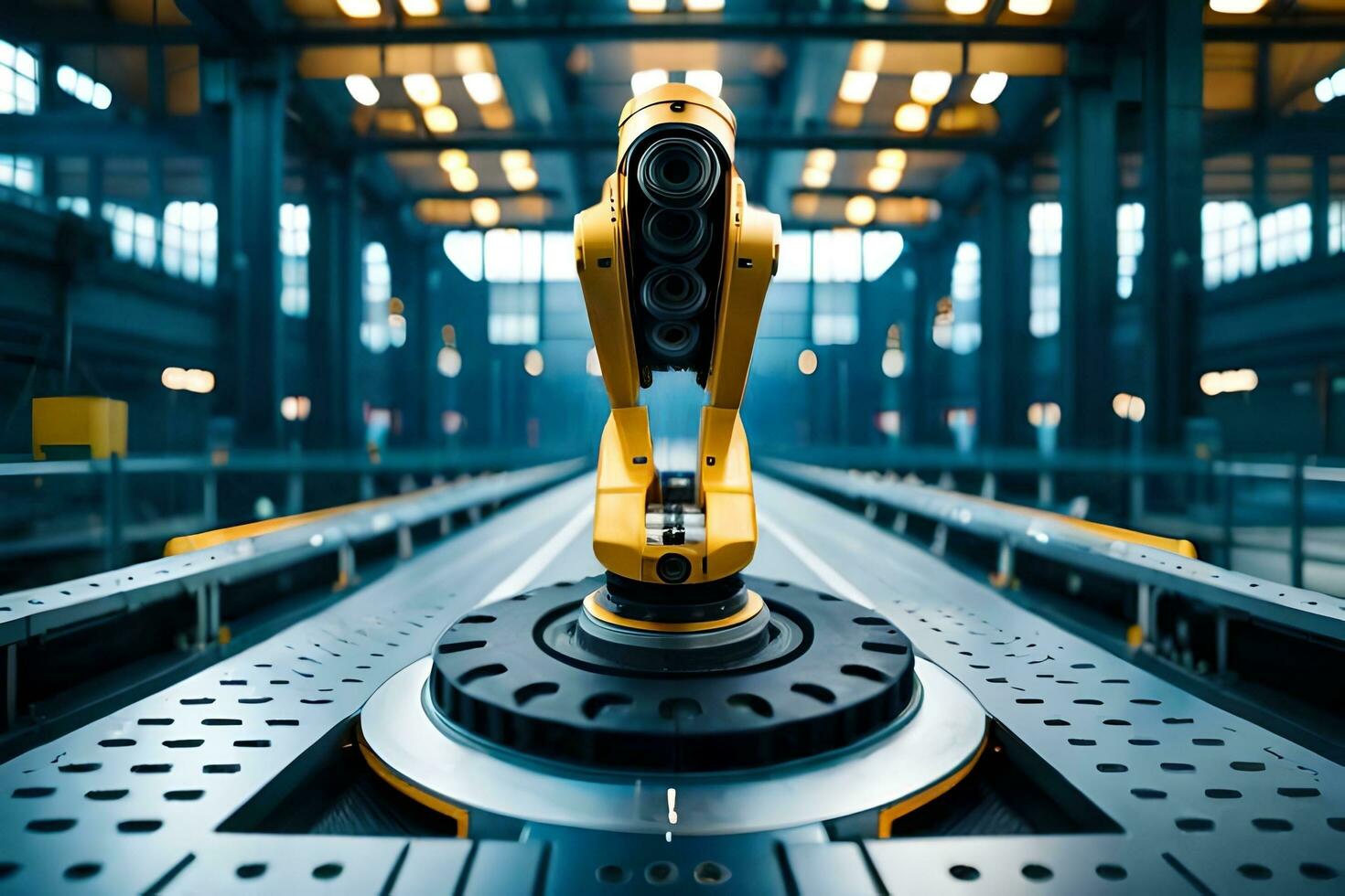 a robotic arm is sitting on a conveyor belt. AI-Generated photo