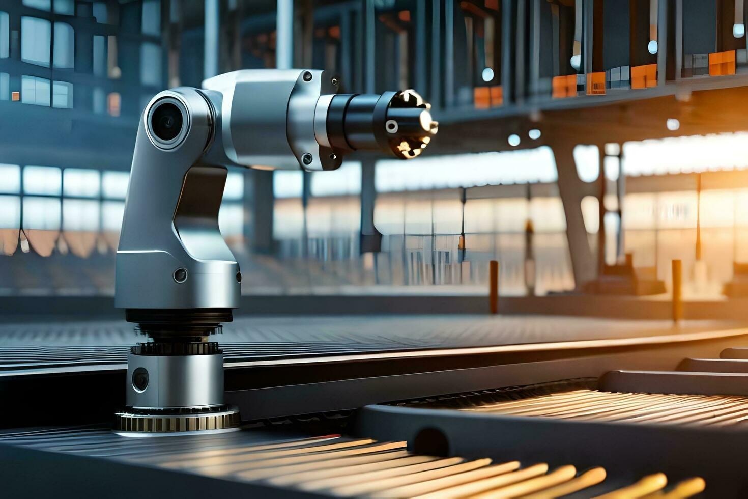 a robotic arm is sitting on a table in front of a factory. AI-Generated photo