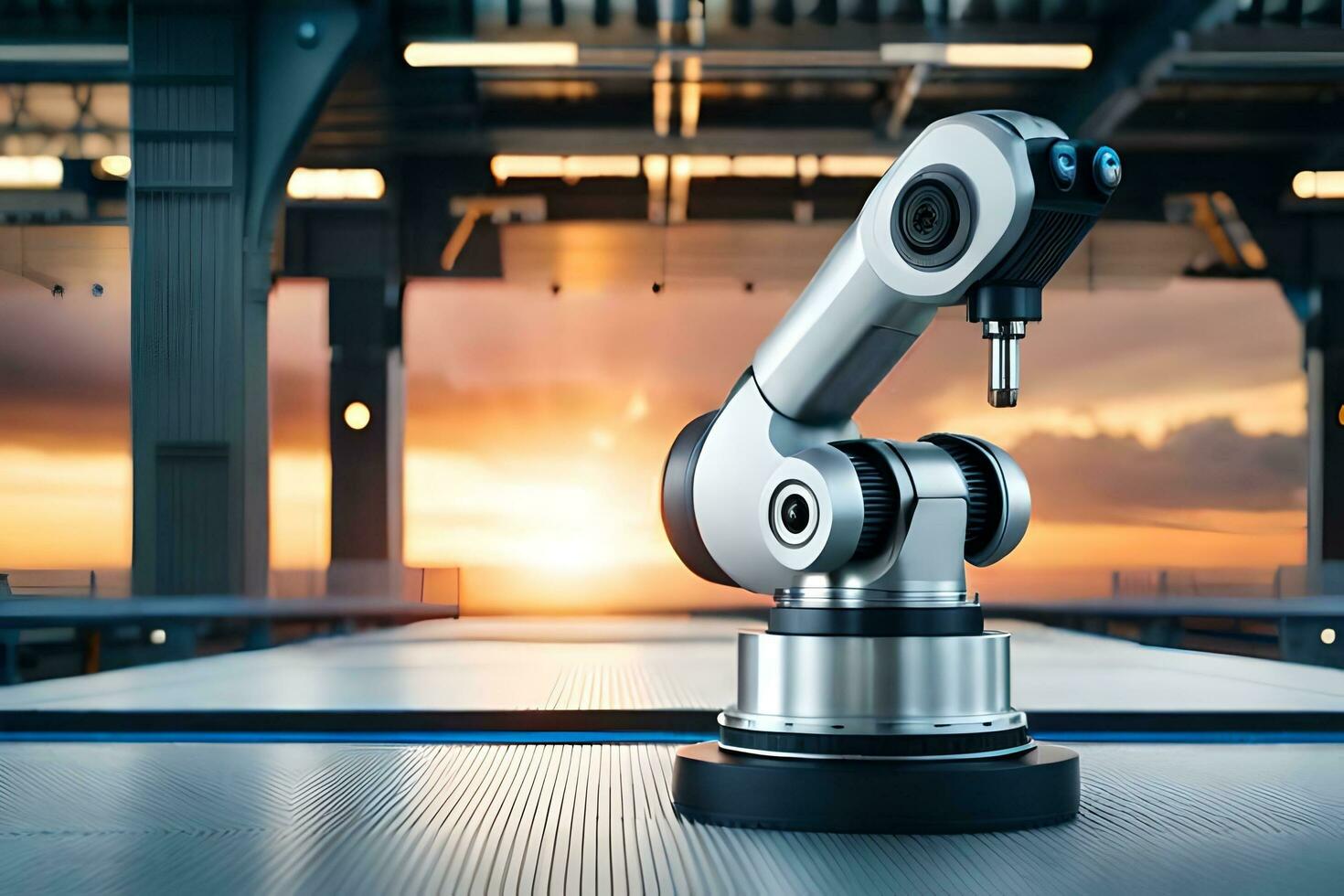 a robotic arm is sitting on a table in front of a sunset. AI-Generated photo