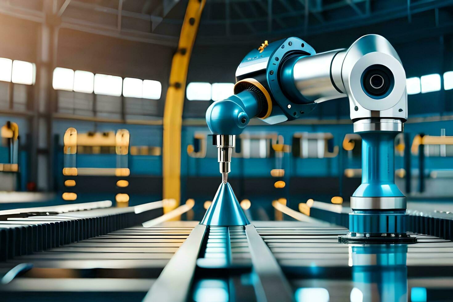 a robotic arm is on a conveyor belt in a factory. AI-Generated photo