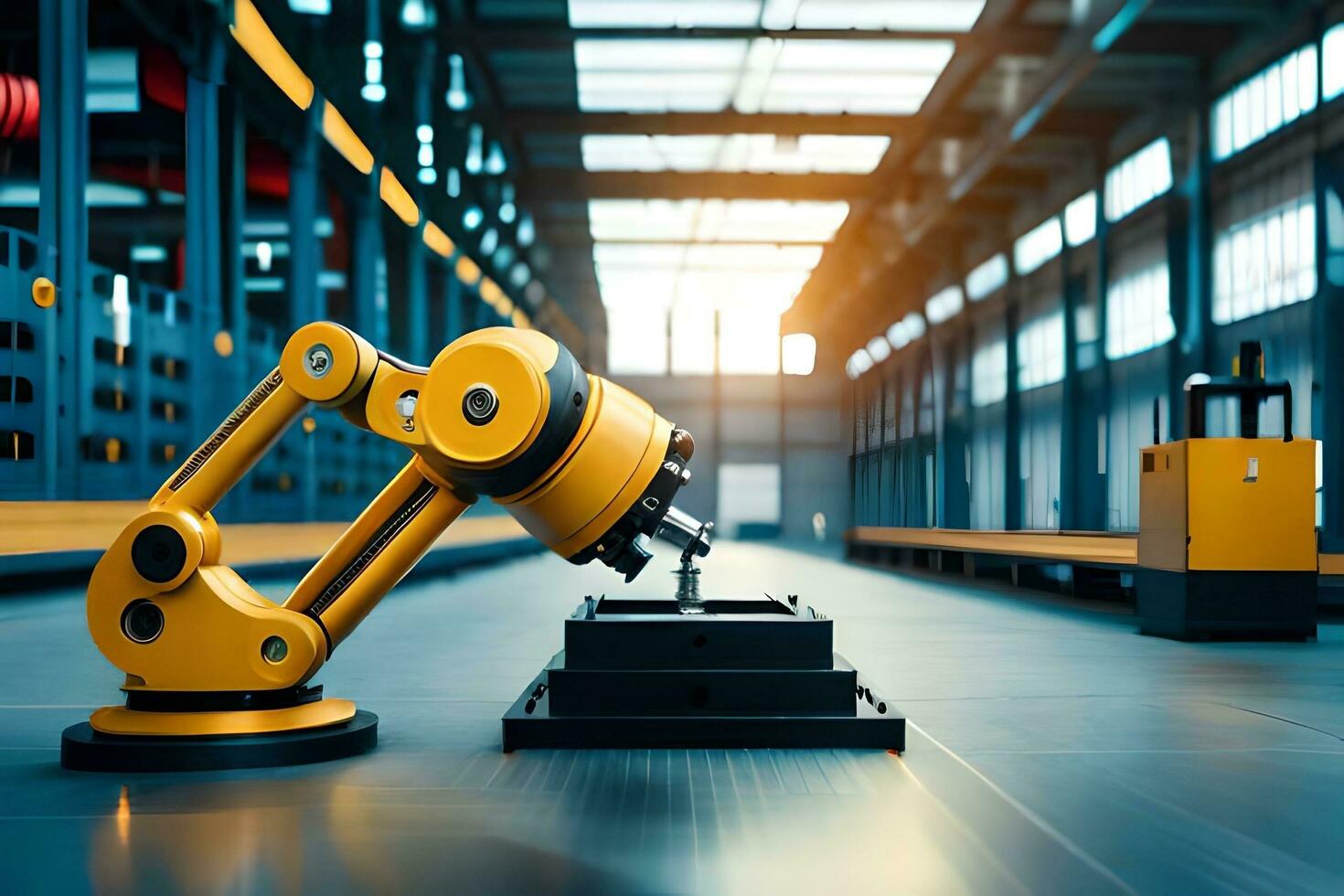 a robotic arm is sitting on a table in a warehouse. AI-Generated photo