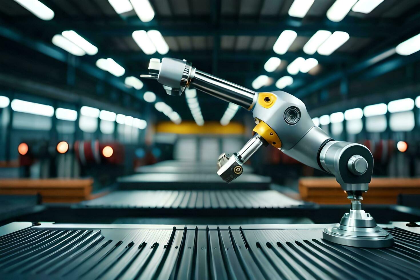 a robotic arm is sitting on a table in a factory. AI-Generated photo