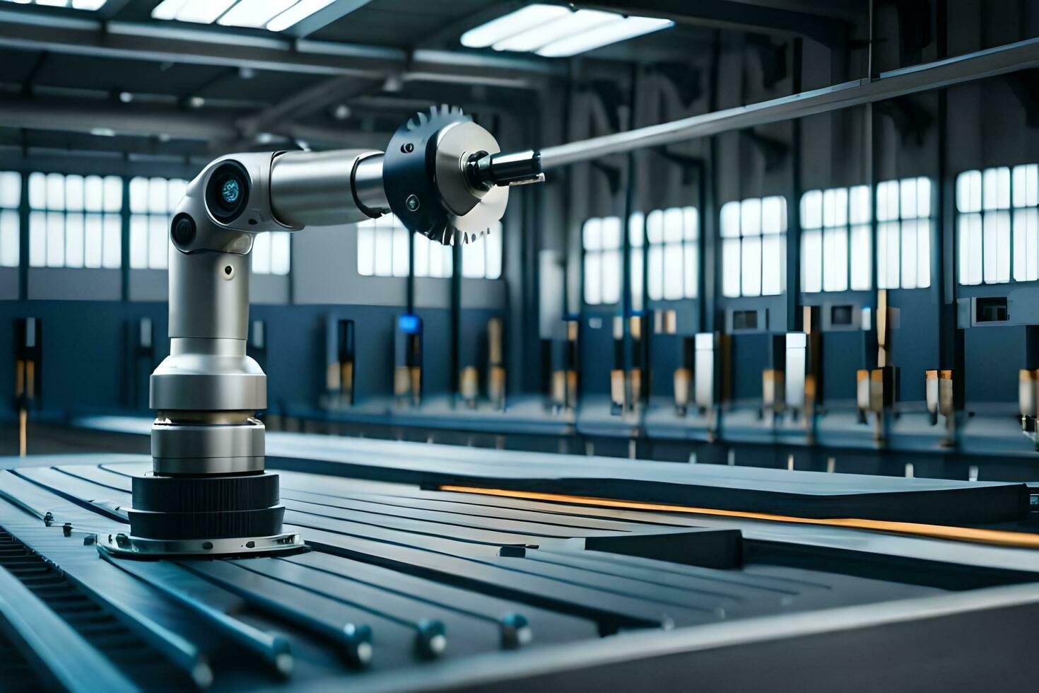 a robotic arm is in a factory with many machines. AI-Generated photo