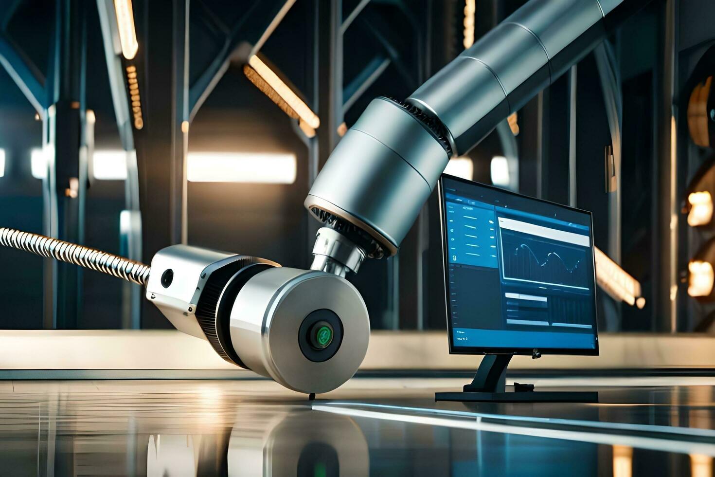 a robotic arm is holding a computer monitor. AI-Generated photo