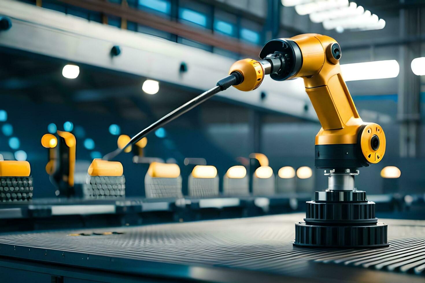 a robotic arm is on a conveyor belt in a factory. AI-Generated photo