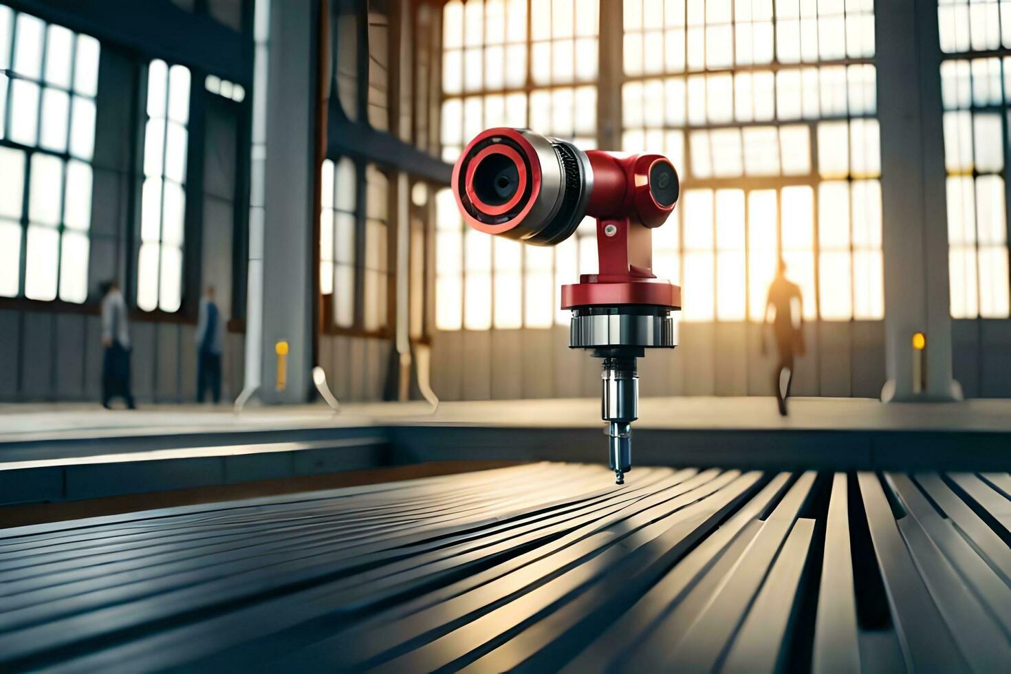 a red robot is standing on a metal table. AI-Generated photo