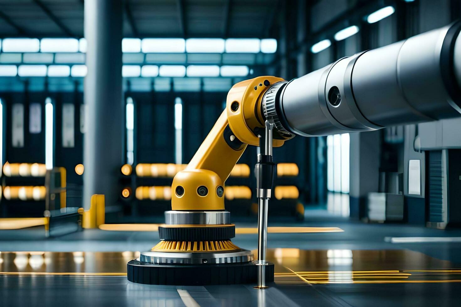a robotic arm is in the middle of a factory. AI-Generated photo
