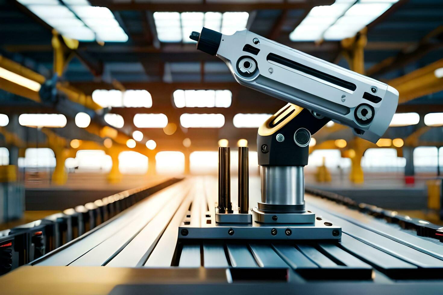 a robotic arm on a conveyor belt in a factory. AI-Generated photo