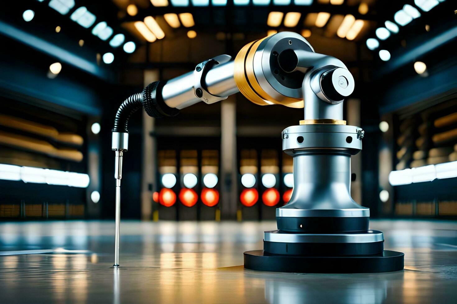 a robotic arm is sitting on a floor in a factory. AI-Generated photo