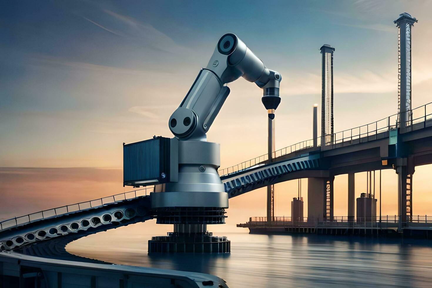 a robotic arm is standing on a bridge over water. AI-Generated photo