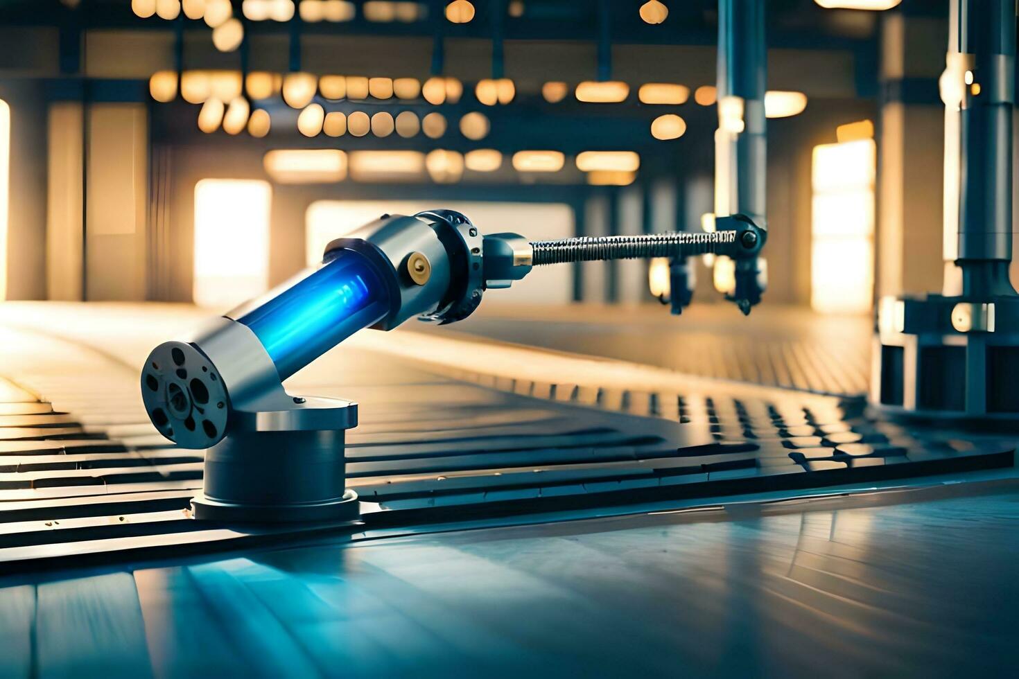 a robotic arm is sitting on a table in a factory. AI-Generated photo