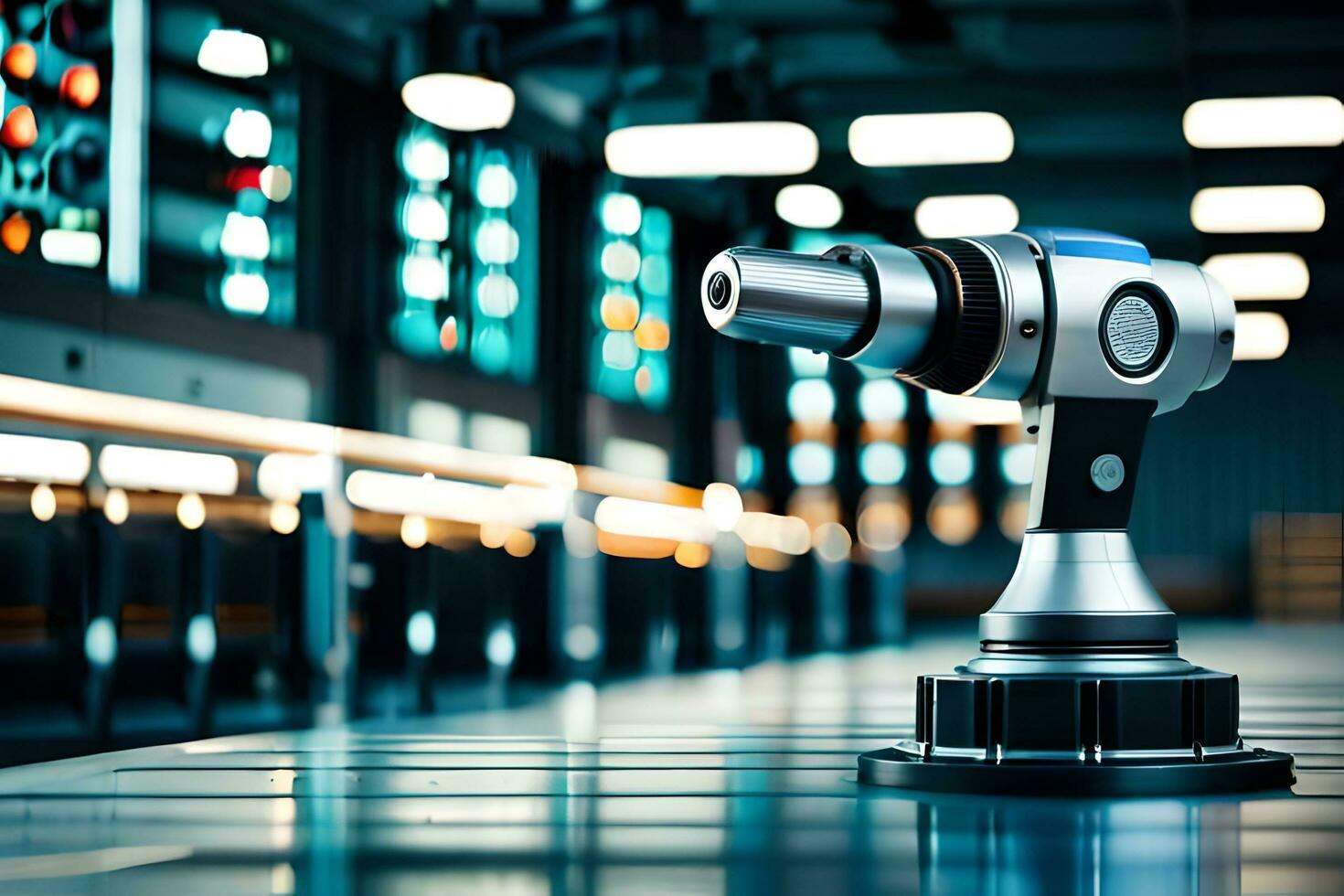 a robotic arm is sitting on a table in a warehouse. AI-Generated photo