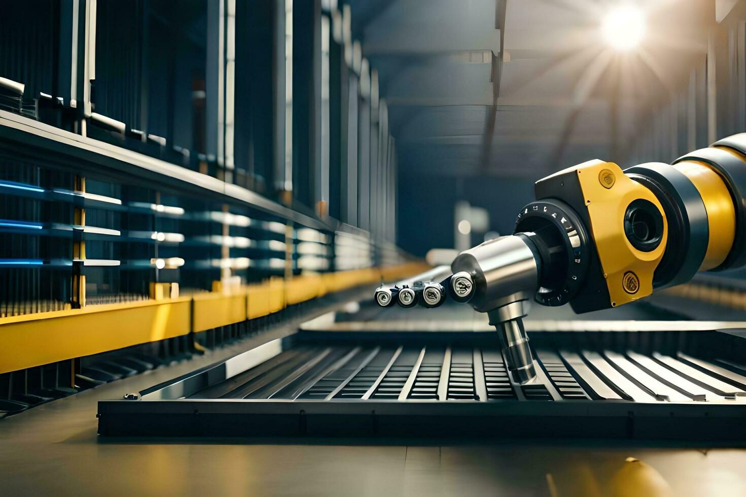 a robotic arm is working on a machine in a warehouse. AI-Generated photo