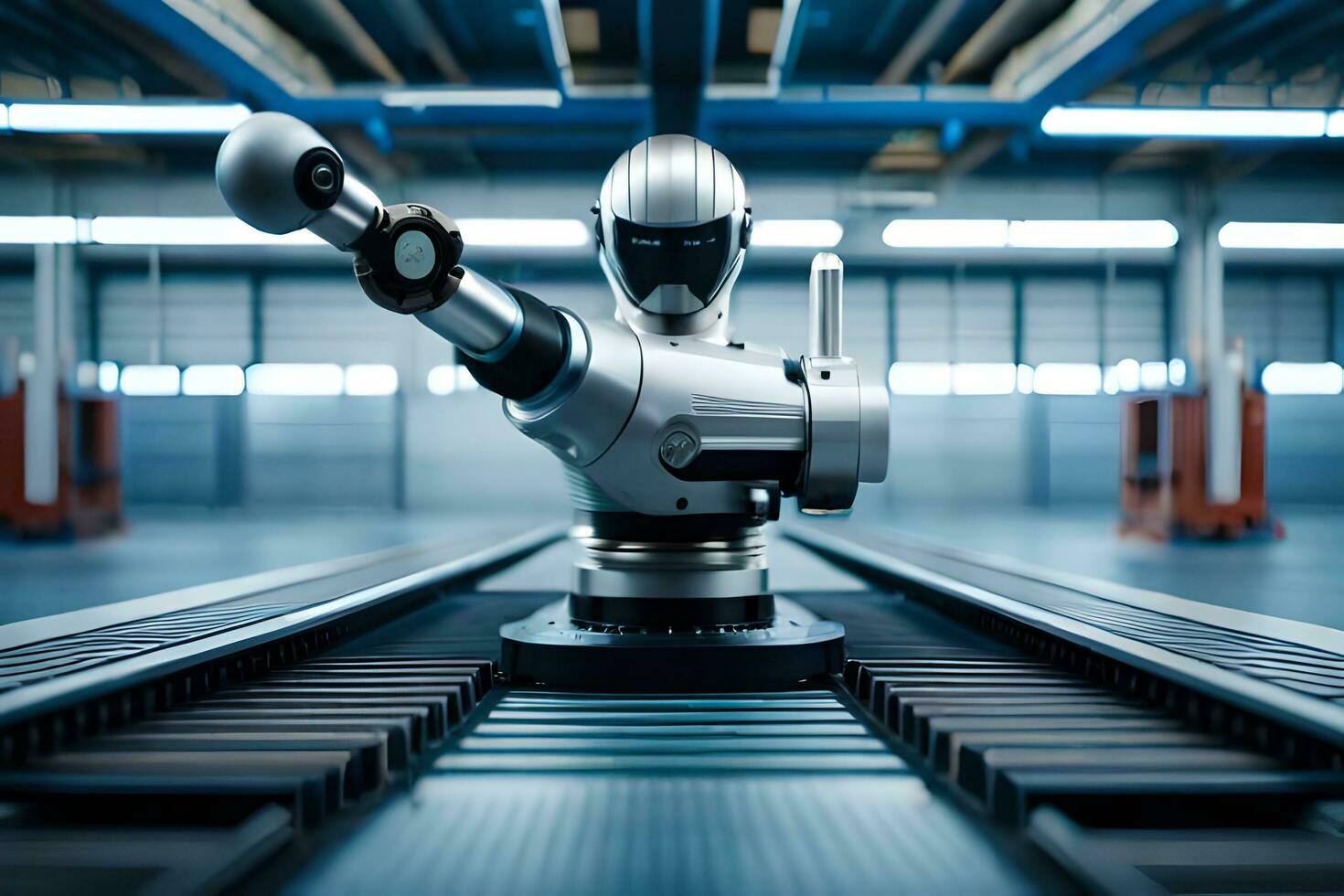 a robot is standing on a conveyor belt in a factory. AI-Generated photo