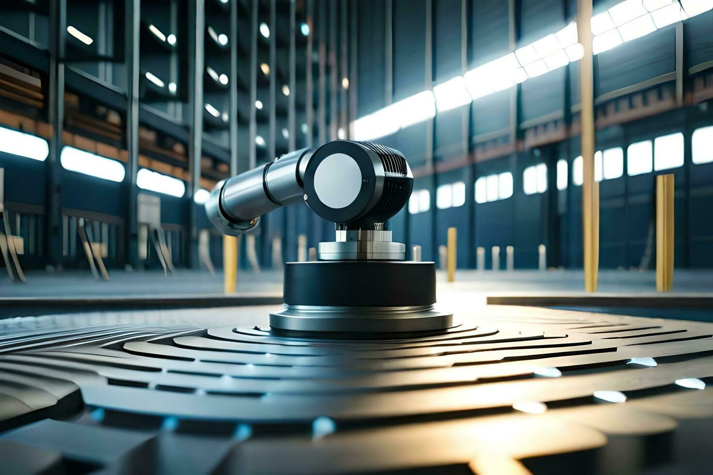 a robot is sitting on a metal table in a factory. AI-Generated photo