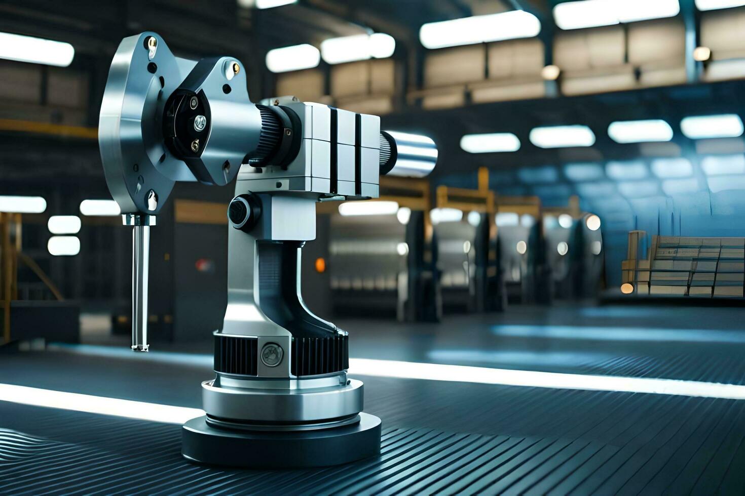 a robot is sitting on a metal machine in a factory. AI-Generated photo