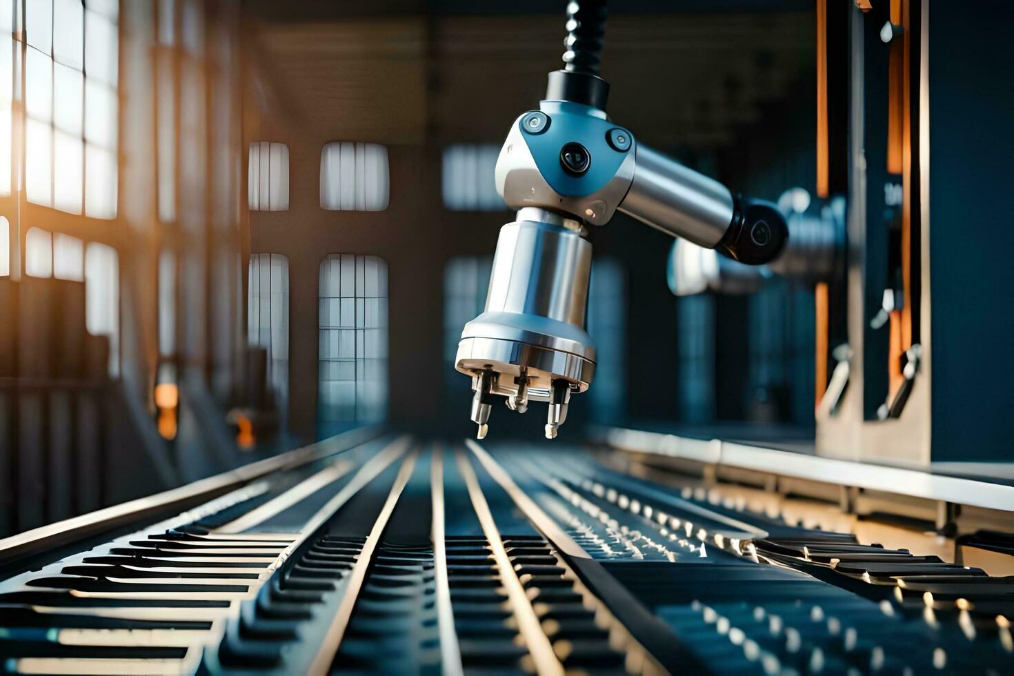 a robotic arm is on a conveyor belt in a factory. AI-Generated photo