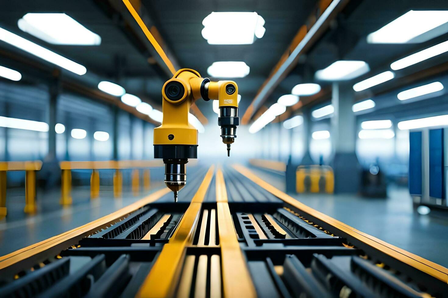 a robotic arm is standing on a conveyor belt. AI-Generated photo