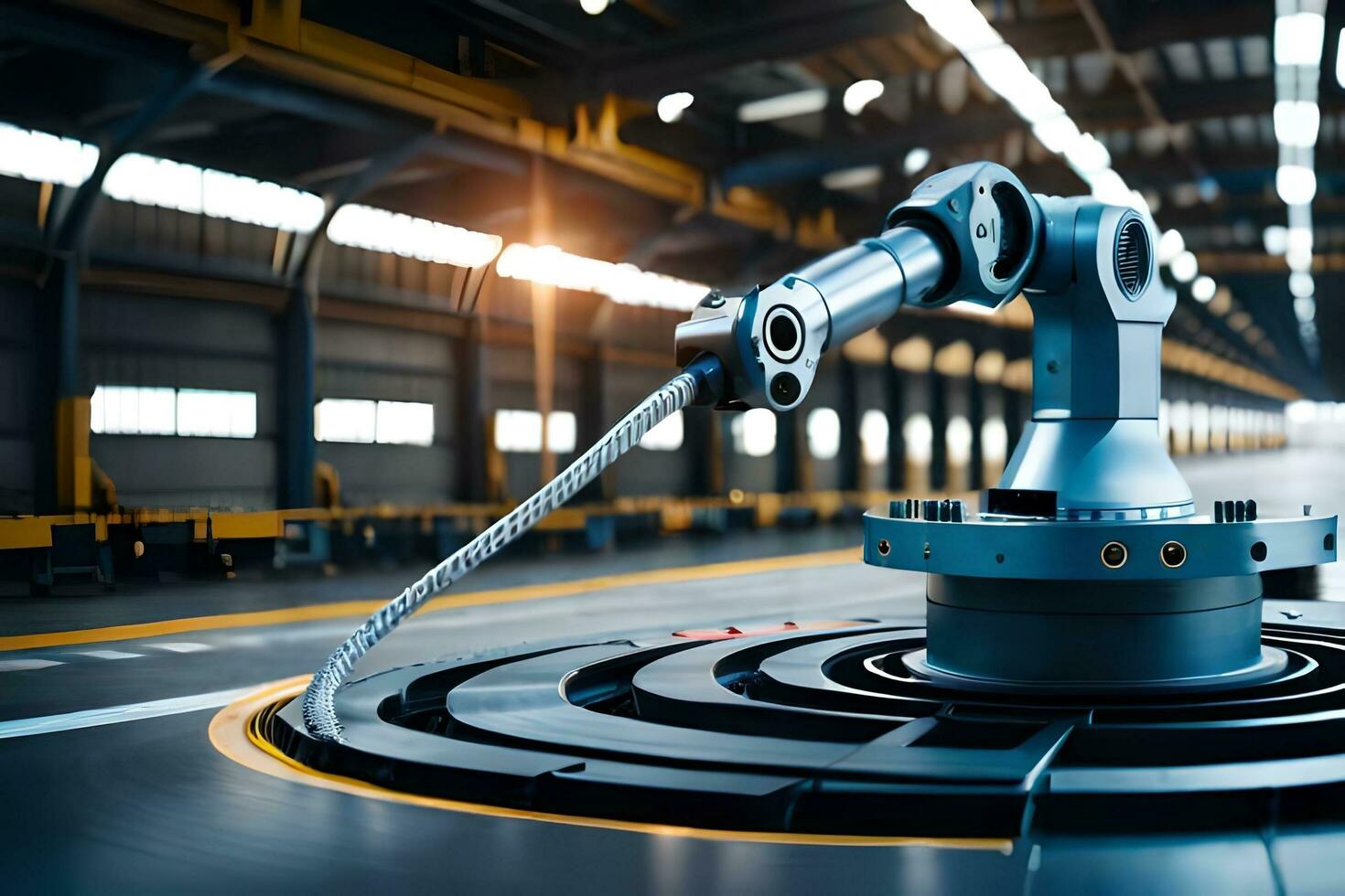 a robot is sitting on a conveyor belt in a factory. AI-Generated photo