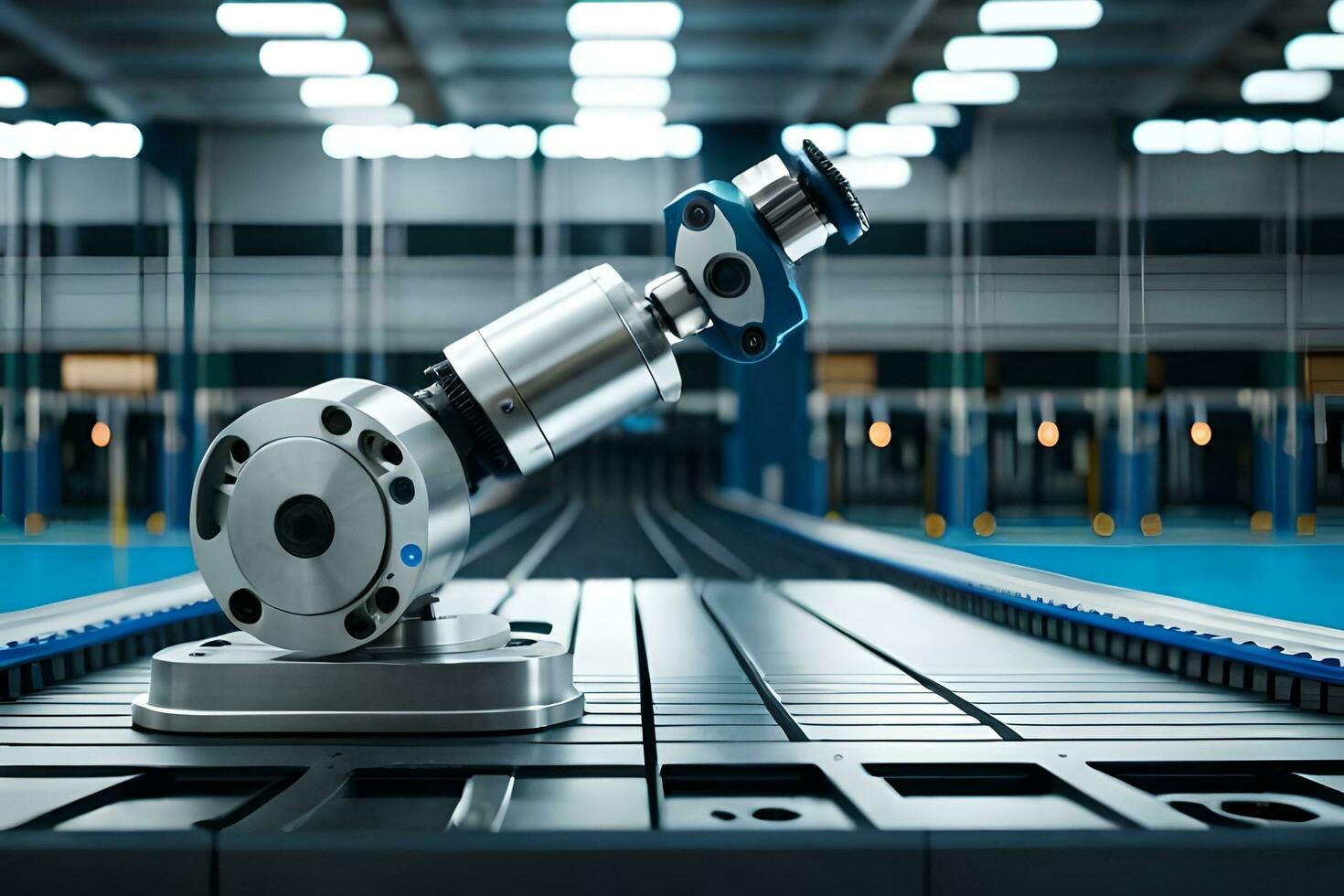 a robotic arm on a conveyor belt in a factory. AI-Generated photo