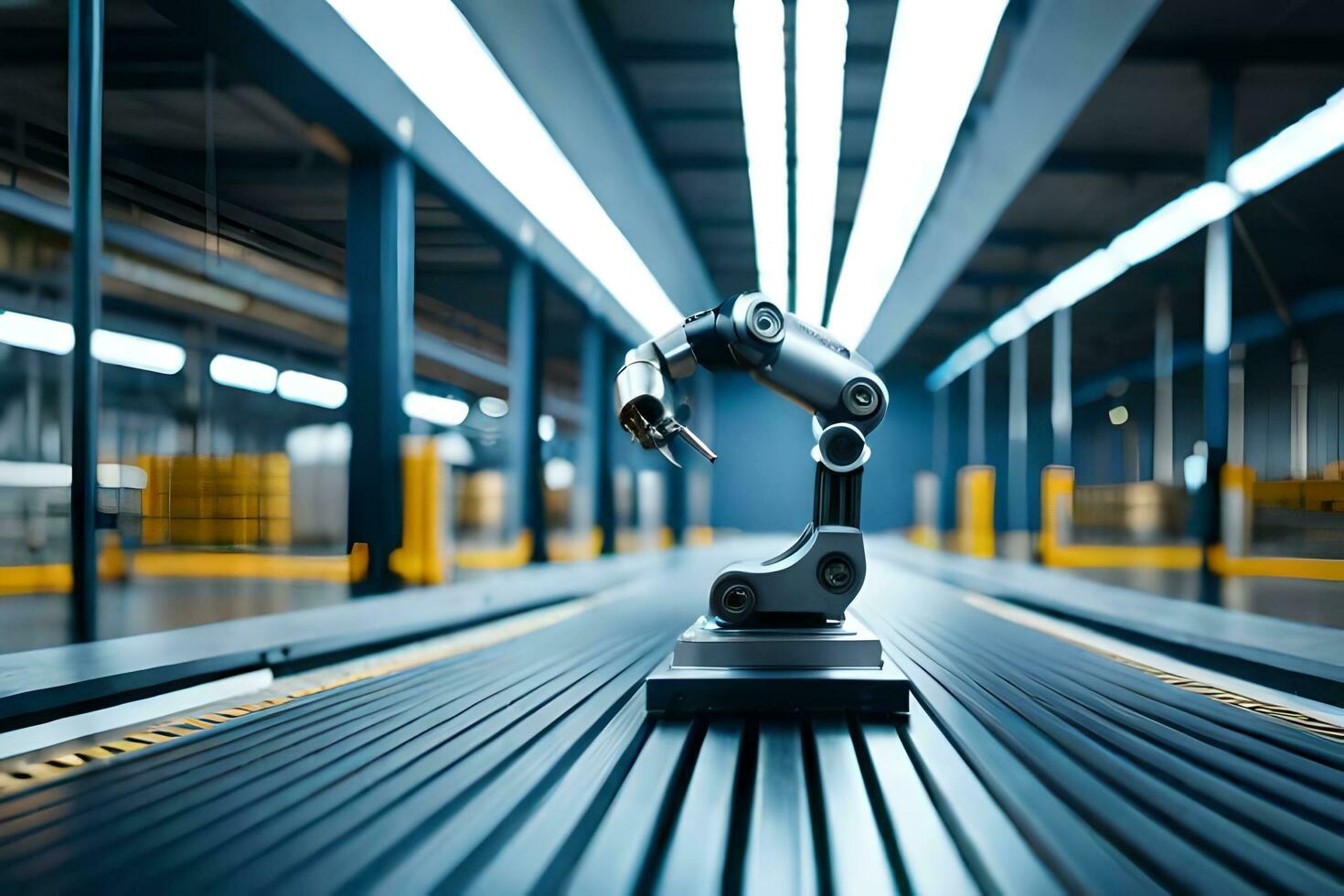 a robot is standing on a conveyor belt in a warehouse. AI-Generated photo