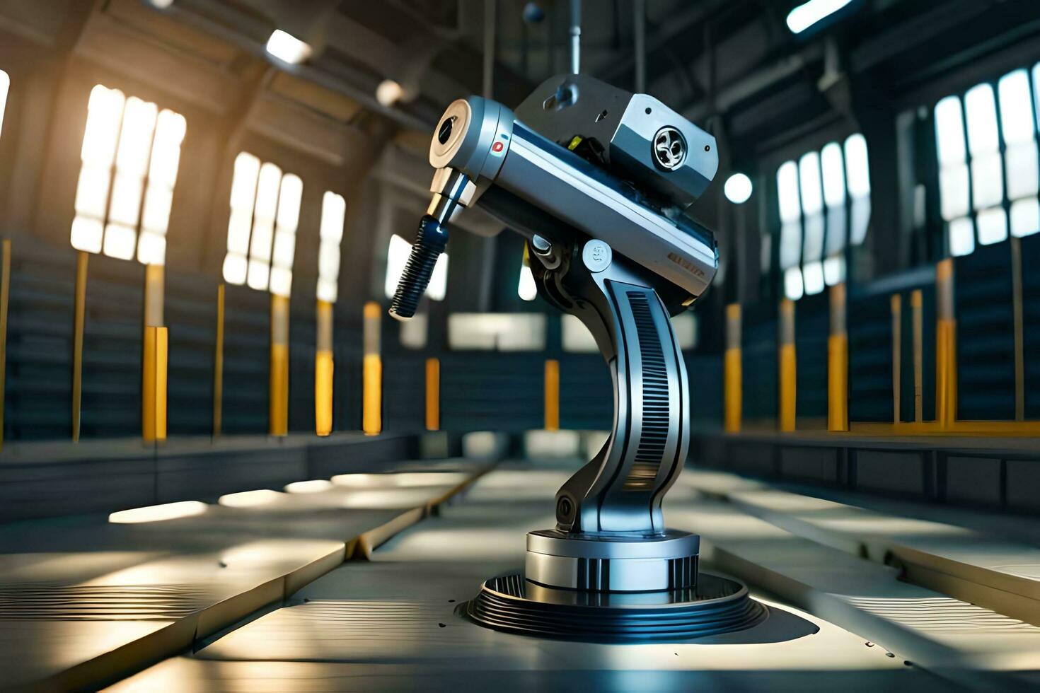 a robot is sitting on a metal platform in a warehouse. AI-Generated photo