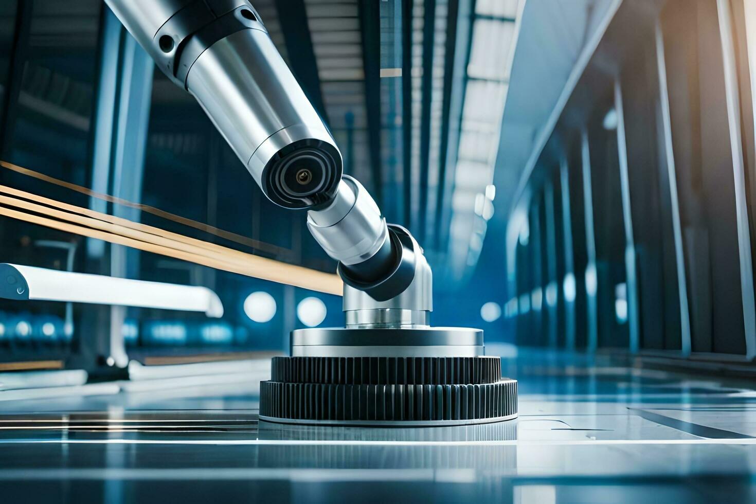a robot is standing on a metal floor in a large room. AI-Generated photo