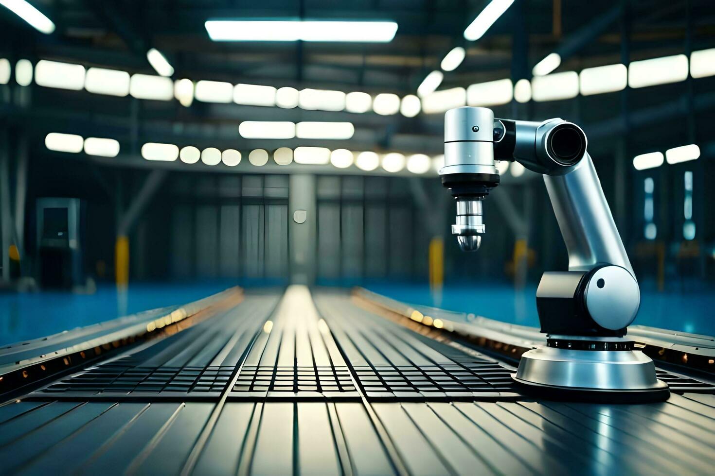 a robotic arm is sitting on a conveyor belt. AI-Generated photo