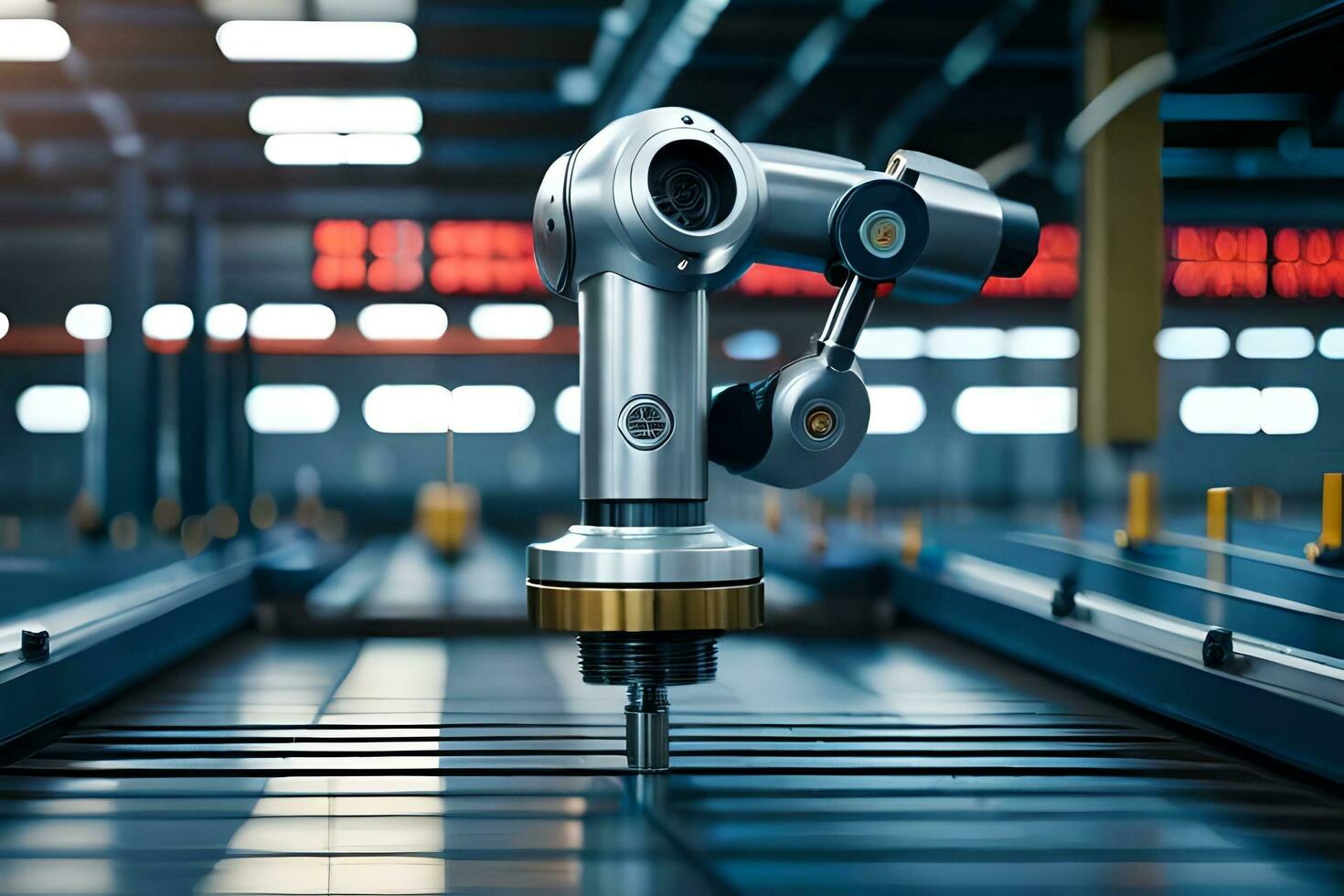 a robotic arm is sitting on a conveyor belt. AI-Generated photo