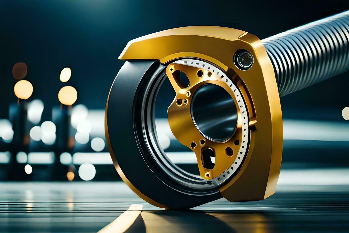 a close up of a gold and black wheel. AI-Generated photo