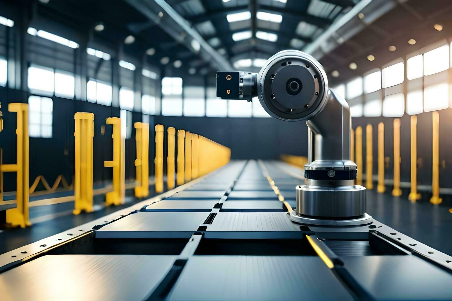 a robotic arm is sitting on a conveyor belt. AI-Generated photo