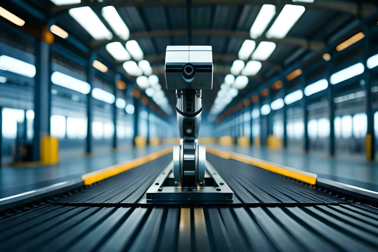 a robot is standing on a conveyor belt in a factory. AI-Generated photo