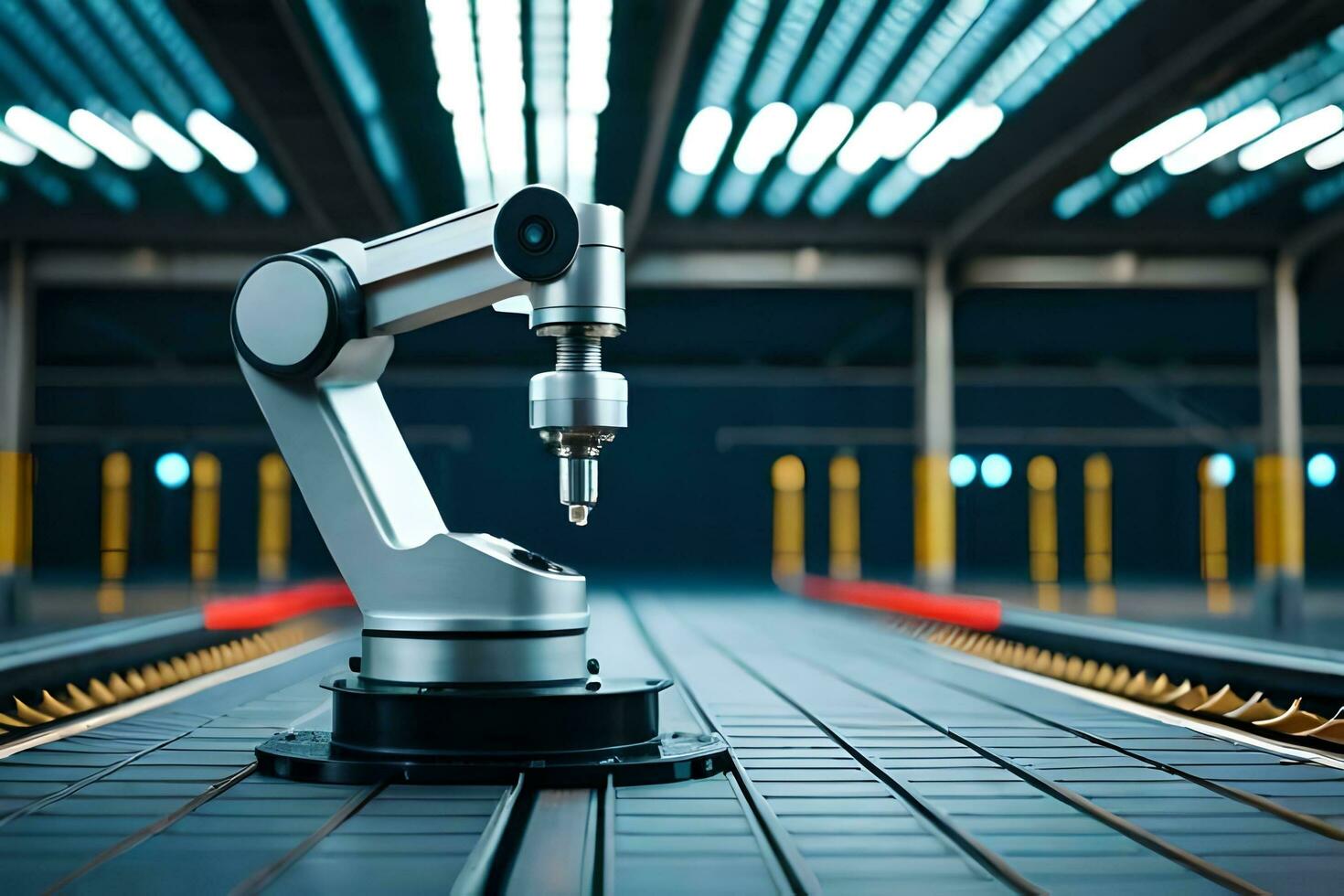 a robotic arm on a conveyor belt in an industrial setting. AI-Generated photo