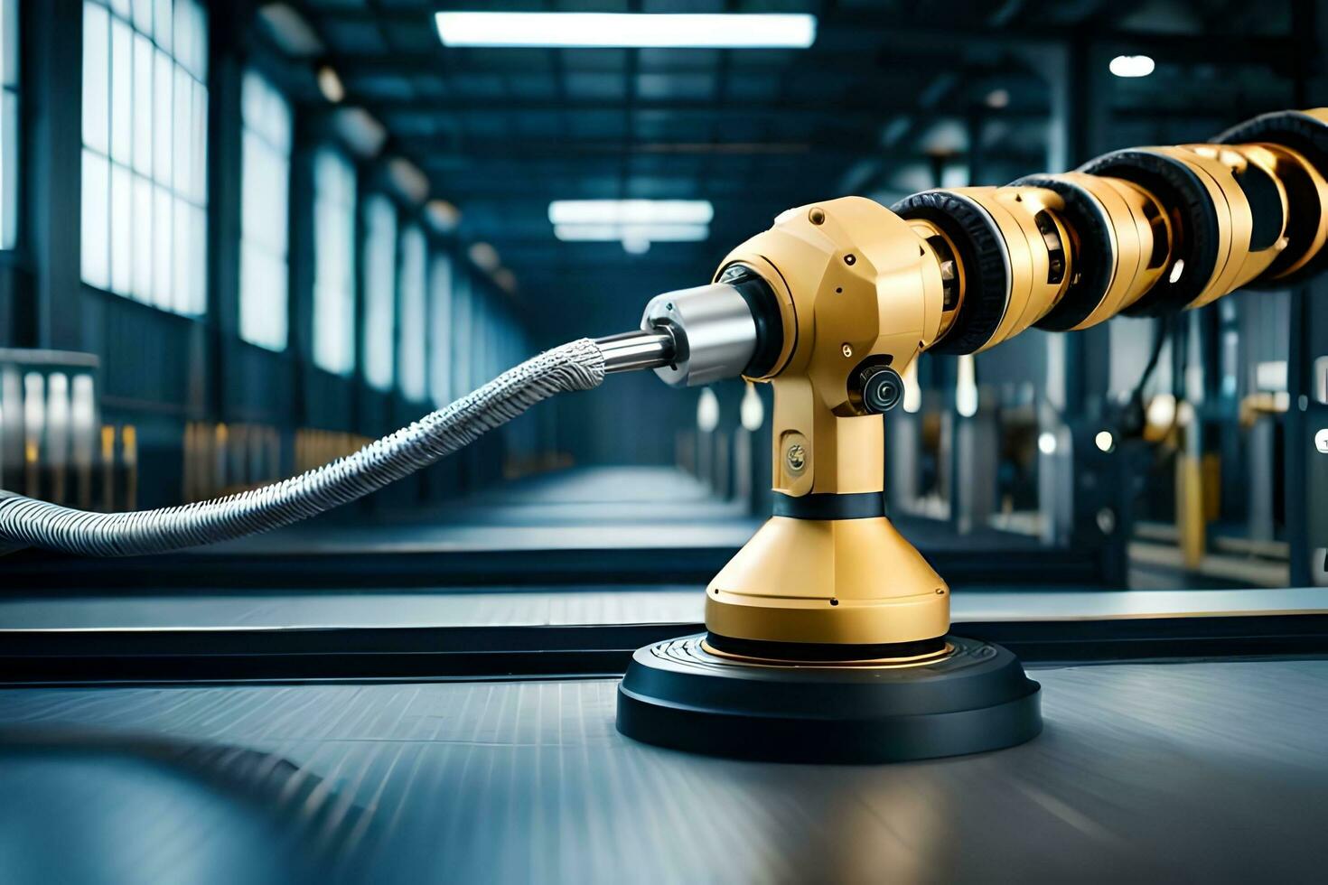 a robotic arm is sitting on a table in a factory. AI-Generated photo