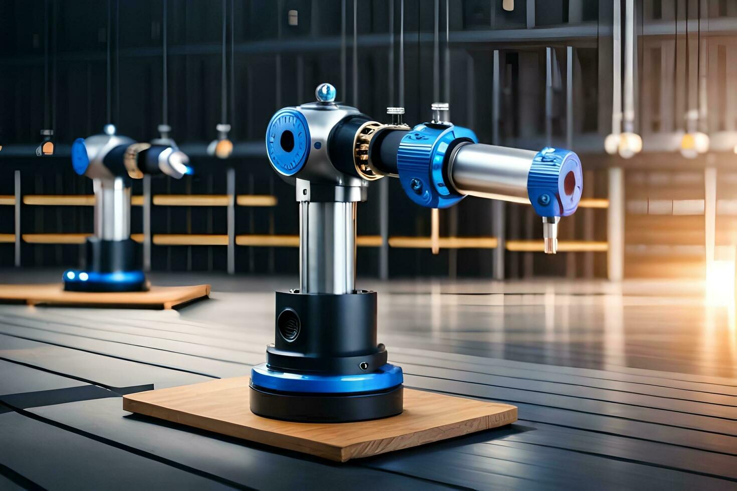 a robotic arm is sitting on a wooden table. AI-Generated photo
