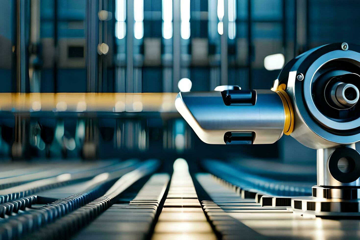 a close up of a robot on a conveyor belt. AI-Generated photo