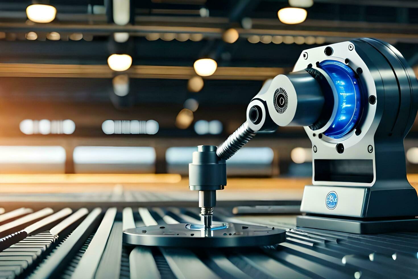 a robot is sitting on a table with a blue light. AI-Generated photo
