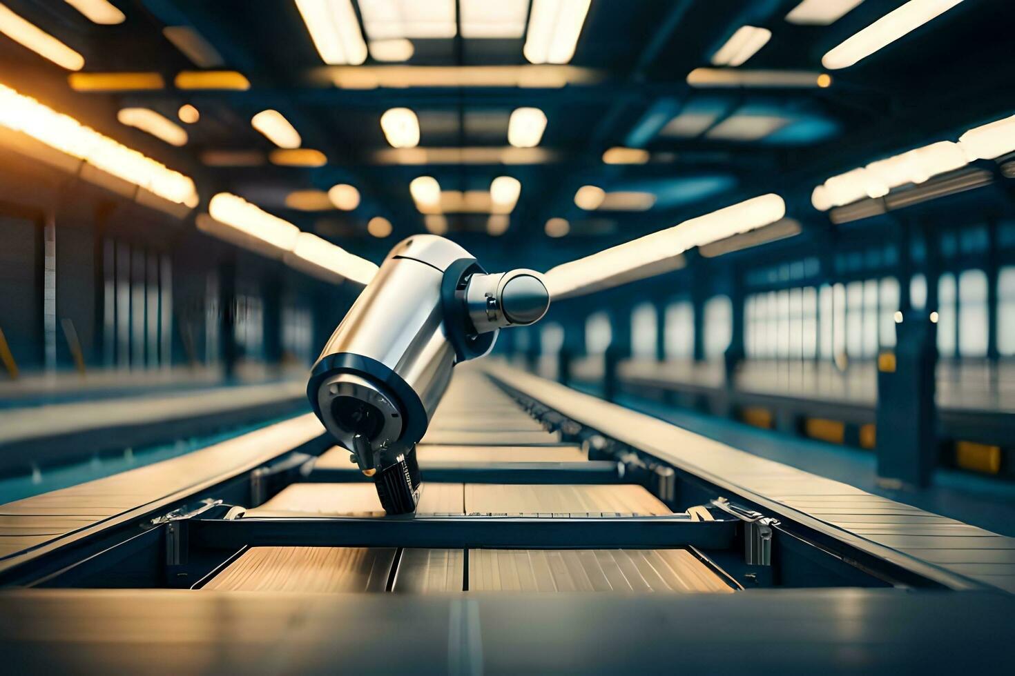 a robot is sitting on a conveyor belt in a factory. AI-Generated photo